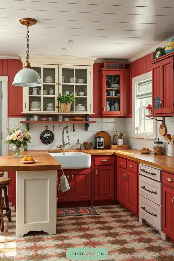 Crimson Cabinetry for a Cozy Cottage Kitchen