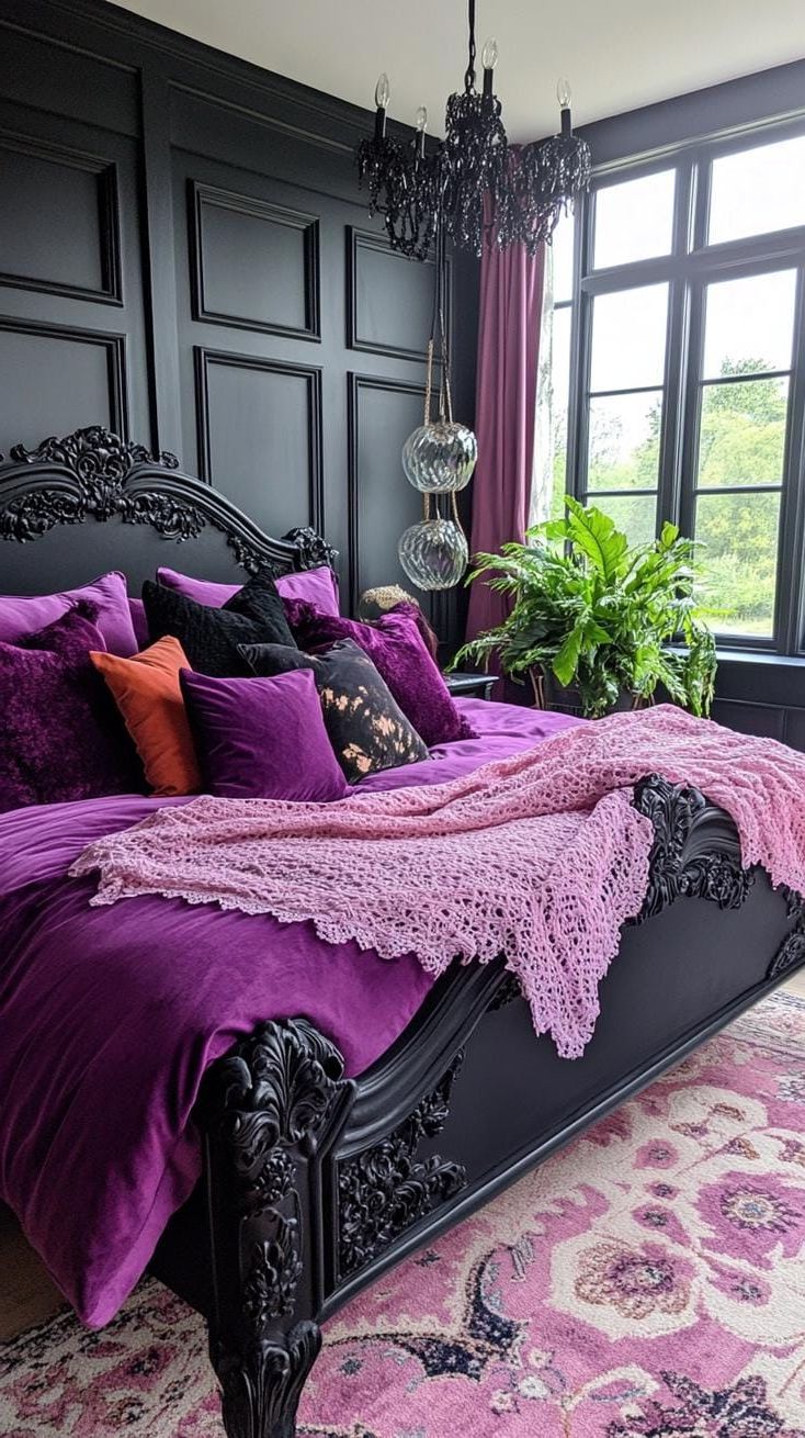 3. Black Bed Frame Layered With Jewel-Toned Fabrics And Lace - photo 3