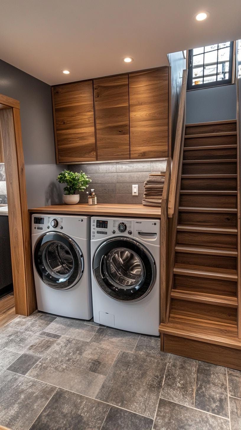 20. Contemporary gray and wood laundry room with hidden appliances - photo 3