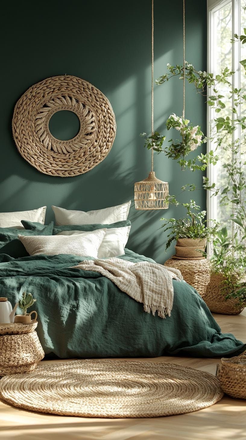 11. Woven Wall Hangings Over A Green Bed Palette
