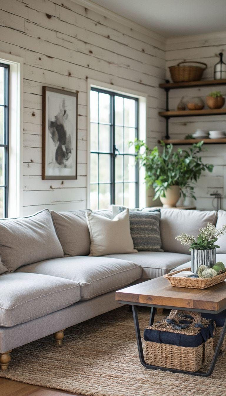 4. Linen Upholstery Against Shiplap Walls