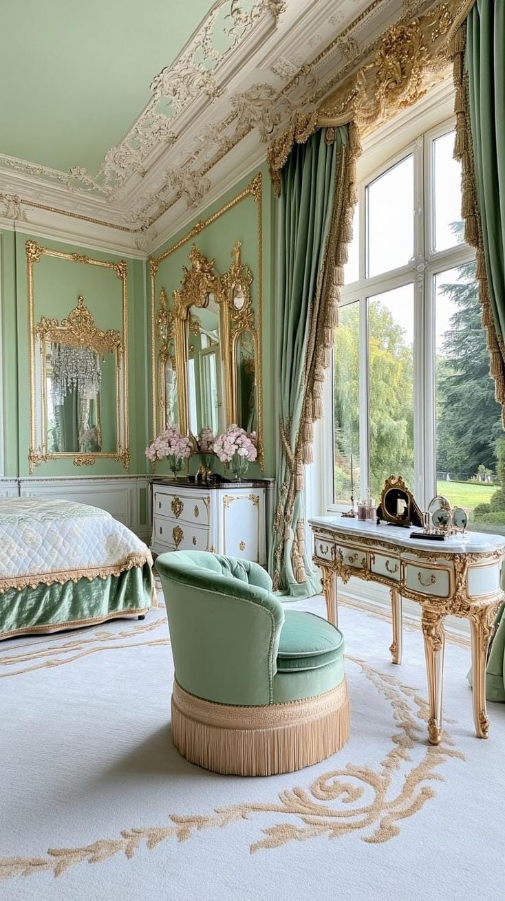 2. Vintage Glam Bedroom with Sage Green Walls and Gold Accents - photo 3