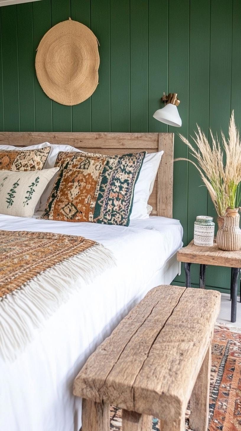 4. Earthy Green Accent Walls and Wood Details