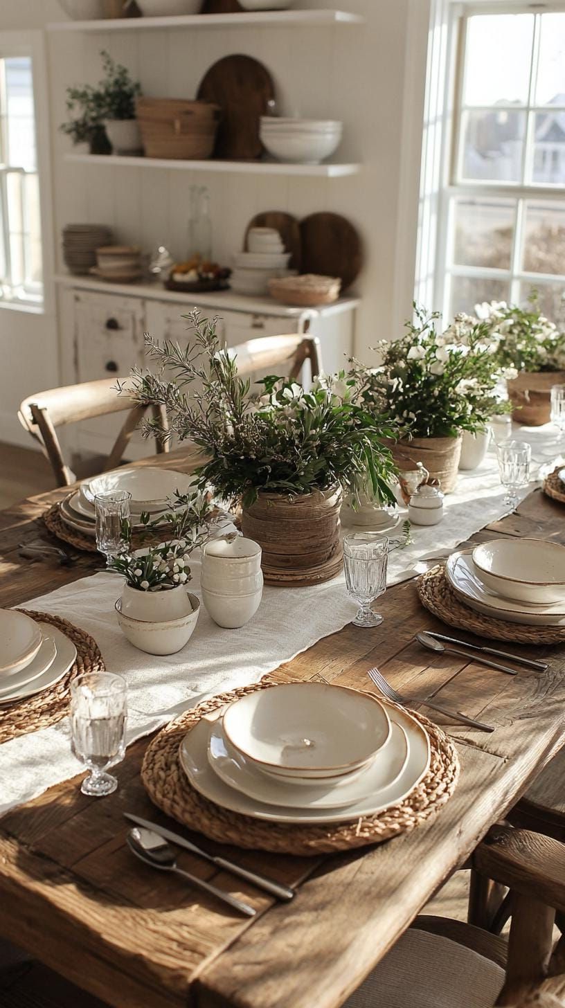 13. Wooden Table With Linen Runner and Scattered Botanicals