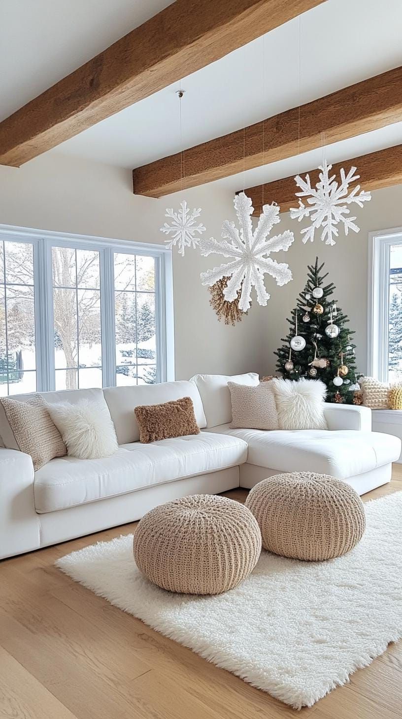 15. Snowflake ornaments hung from exposed beams - photo 3