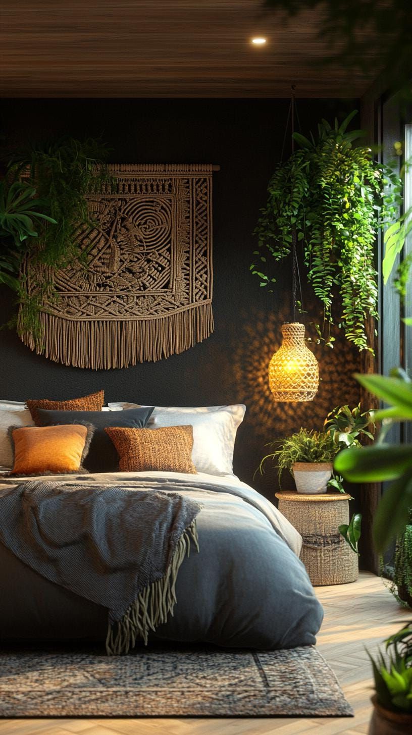 5. Black Accent Wall With Macrame And Plants - photo 2