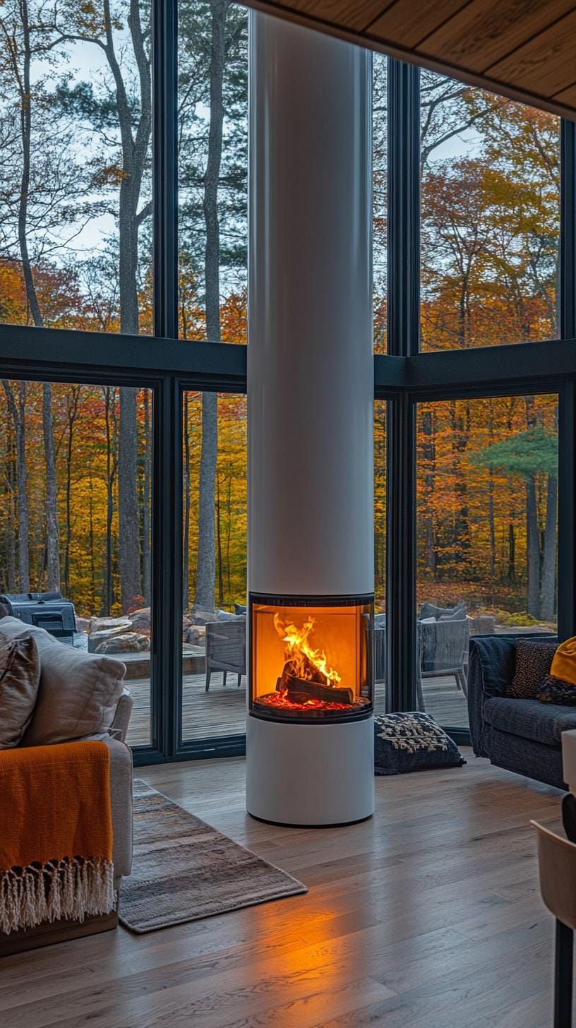 15. Freestanding cylindrical fireplace against a glass wall