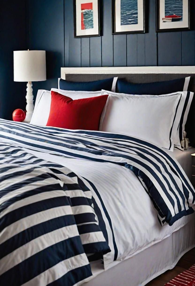 24. Nautical Bedding with Bold Red Accents