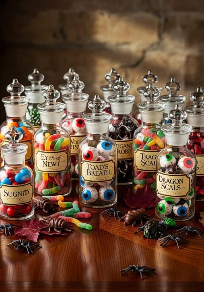 2. Apothecary Jars with Candy Eyeballs and Bugs