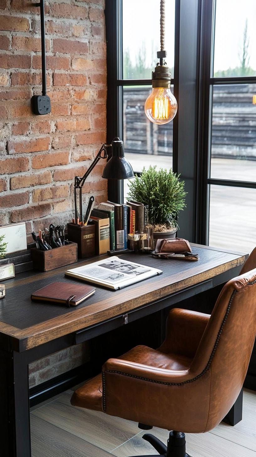 9. Rustic dark wood desk with vintage-style lighting