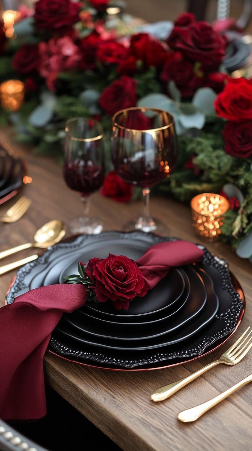 14. Black Matte Plates With Burgundy Napkins and Brass - photo 3