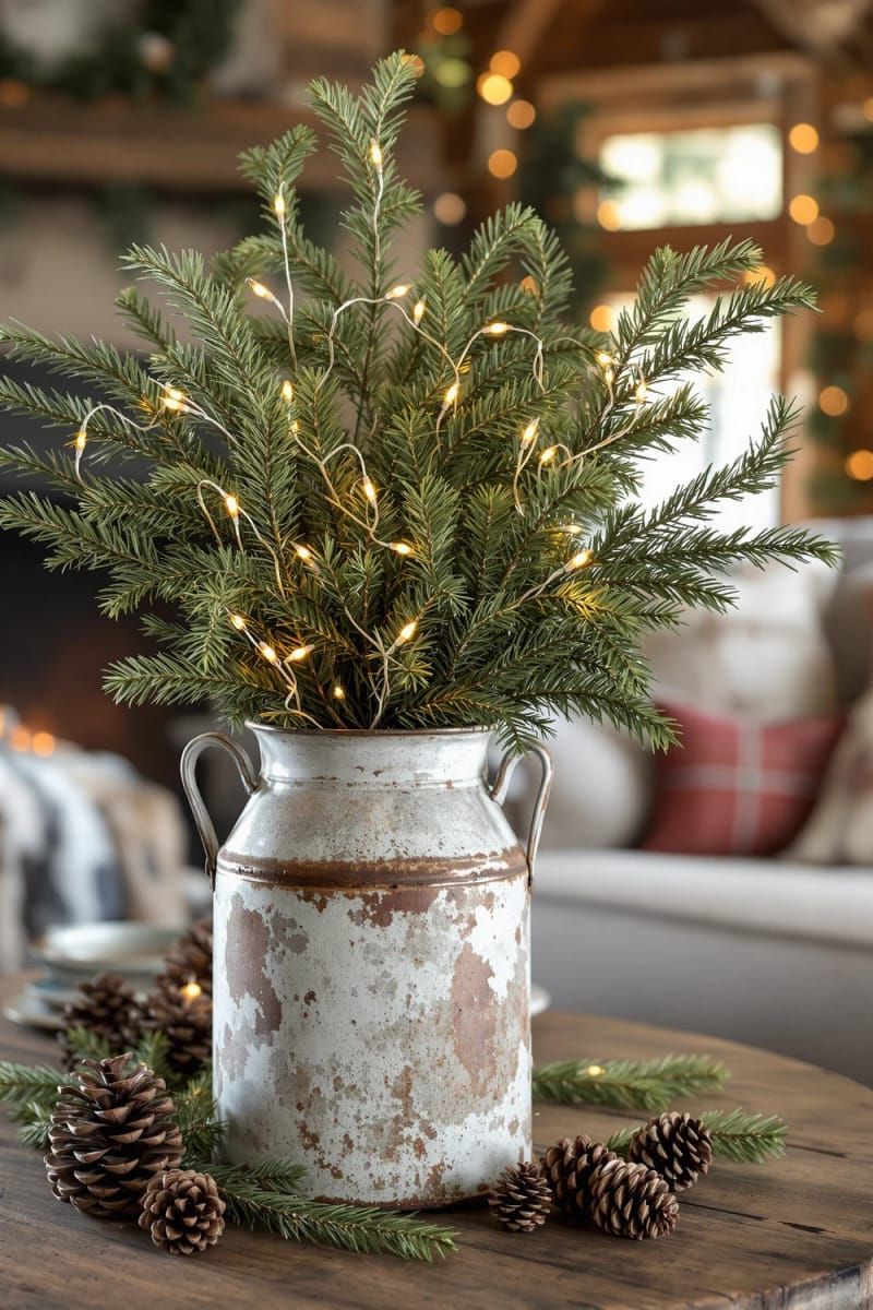 27. Antique milk can with cedar and fairy lights