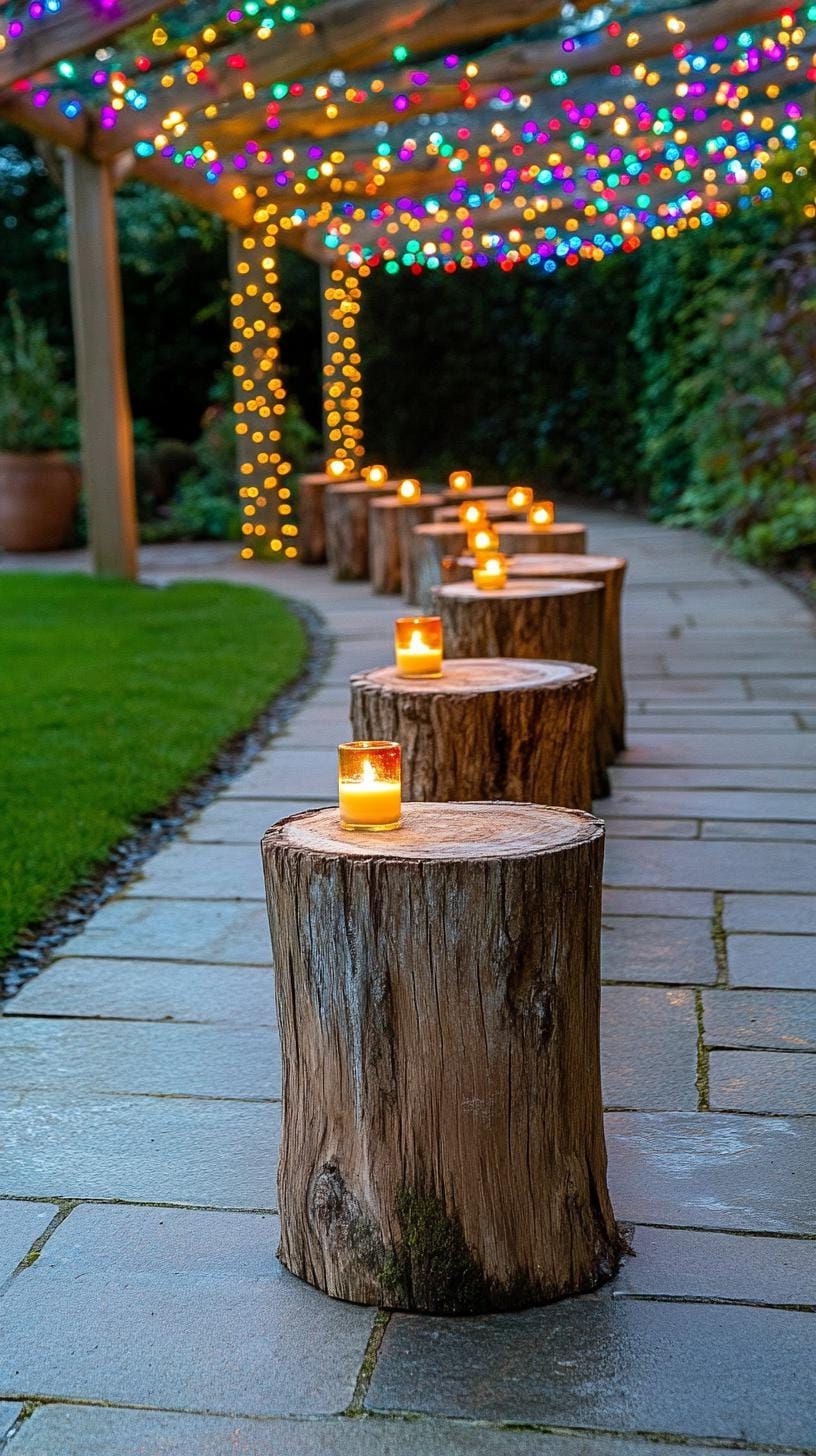 1. Fairy-Lit Pathway With Candle-Topped Wooden Stumps - photo 2