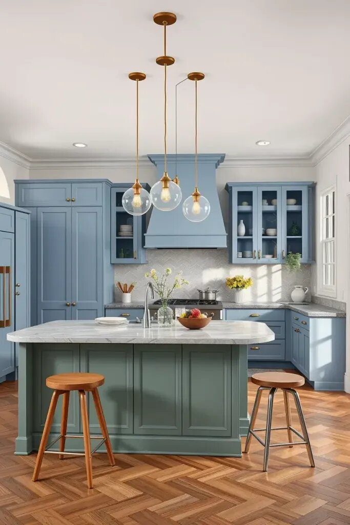 Glass Pendant Lights Over a Sage-Blue Island