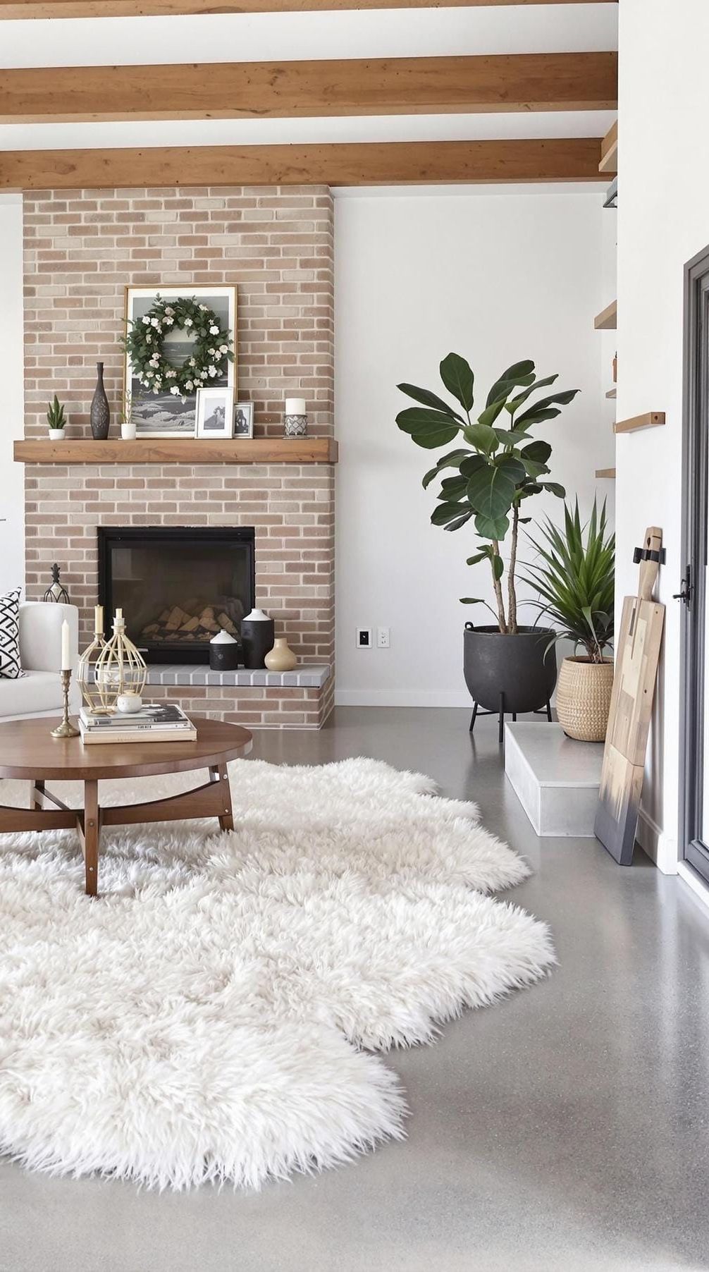 6. Concrete Flooring with Fluffy Area Rugs