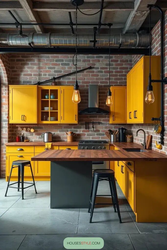Sunny Yellow Cabinets in Cool Industrial Kitchens