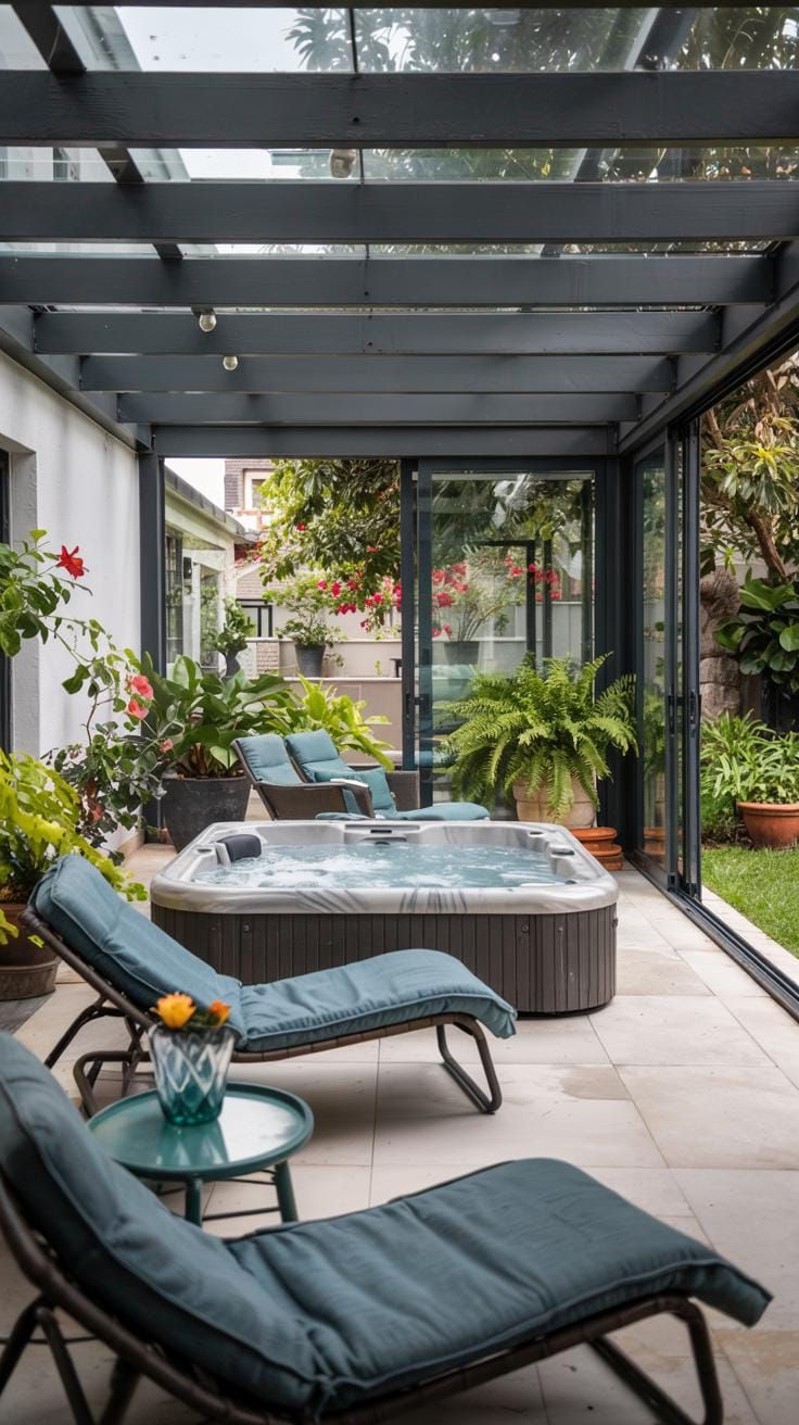 23. Enclosed hot tub with glass sliding doors