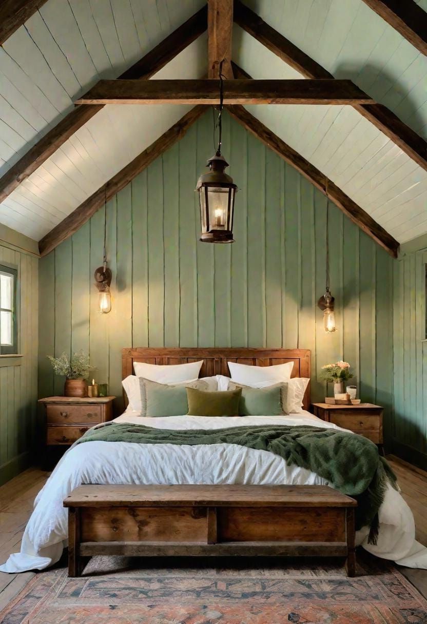 12. Rustic Farmhouse Bedroom with Sage Green Panels and Lantern Lighting - photo 4