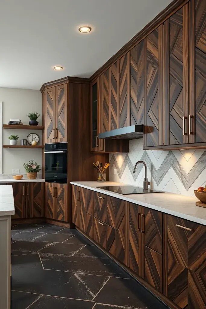 Herringbone Wood Cabinets for Timeless Style