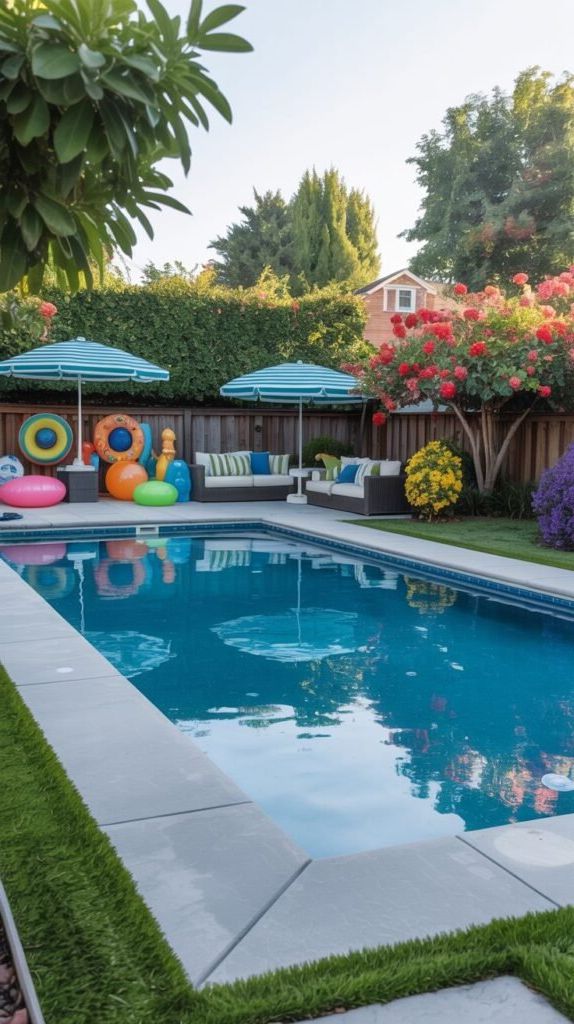 28. Rectangular Pool With Colorful Blooms for Family Fun