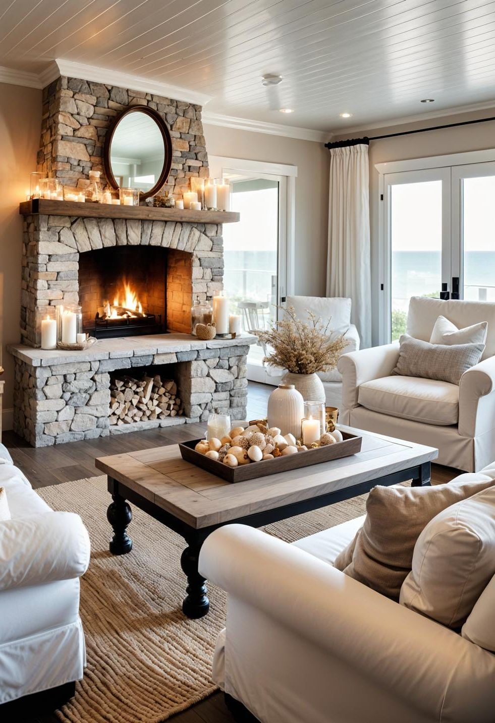 9. Stone Fireplace Seating with Seashell Jars - photo 3