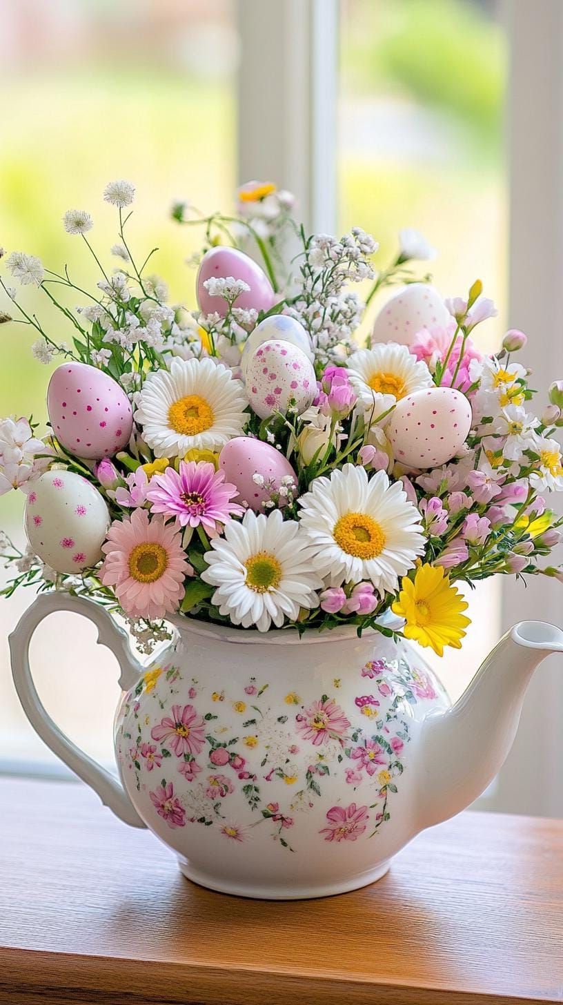1. Antique Teapot With Flowers And Eggs