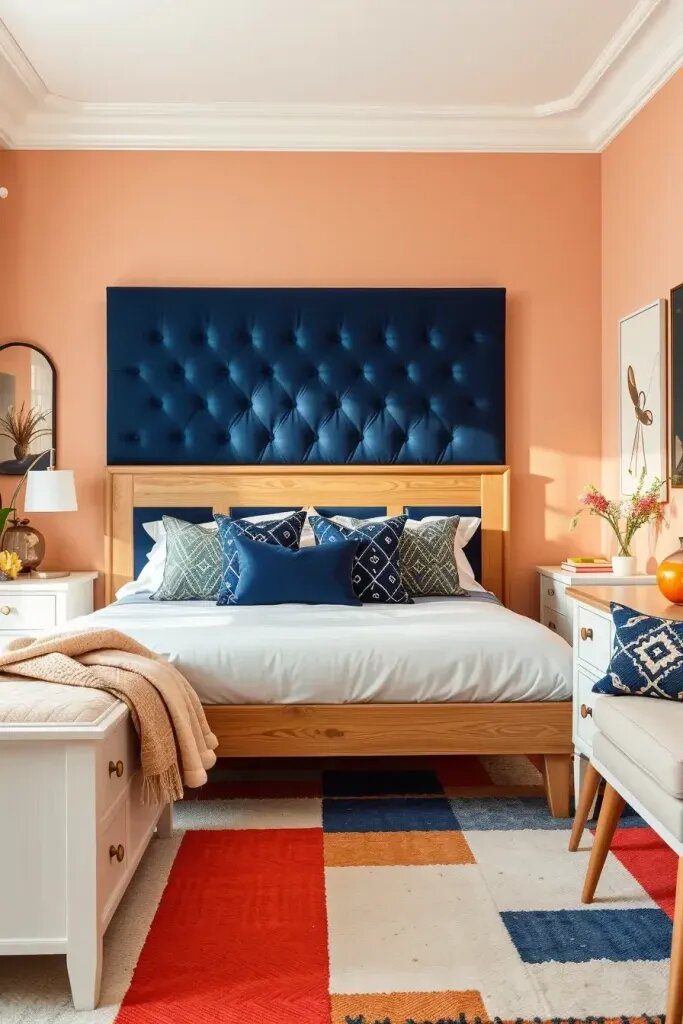 Playful Peach and Navy Bedroom Pairings