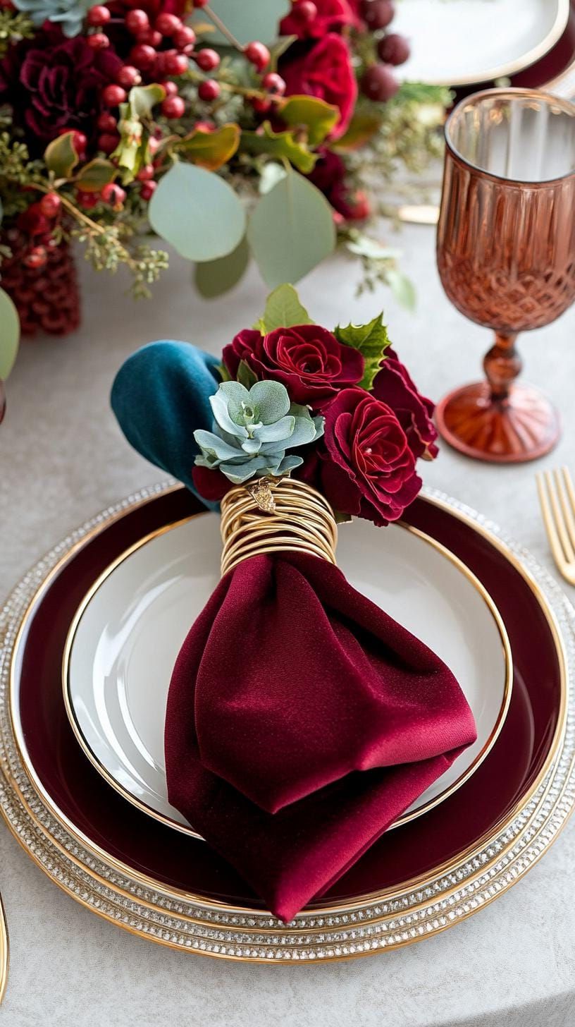 7. Jewel-Toned Christmas Table with Burgundy and Sapphire