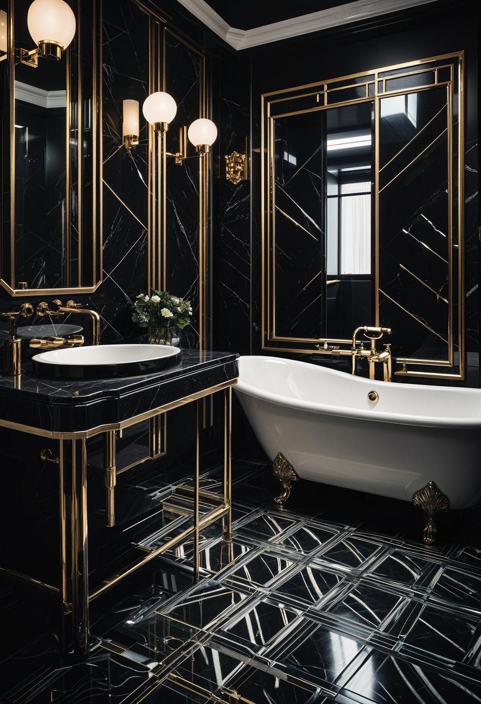 8. Bold Art Deco Noir Bathroom