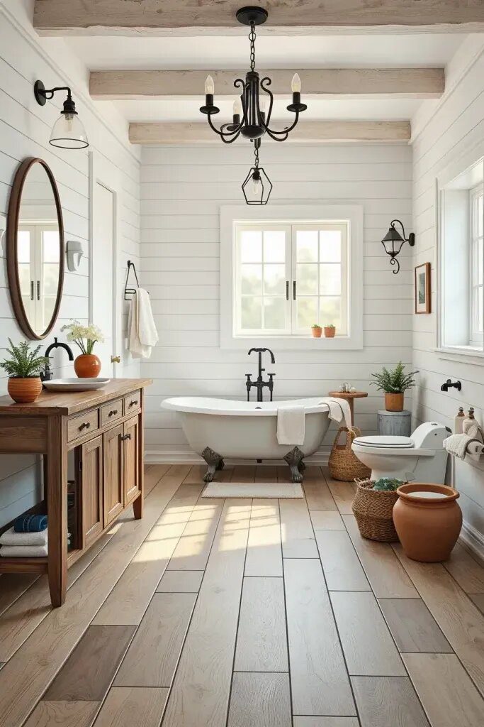 Cozy Farmhouse Bathrooms with Rustic Wood Tile