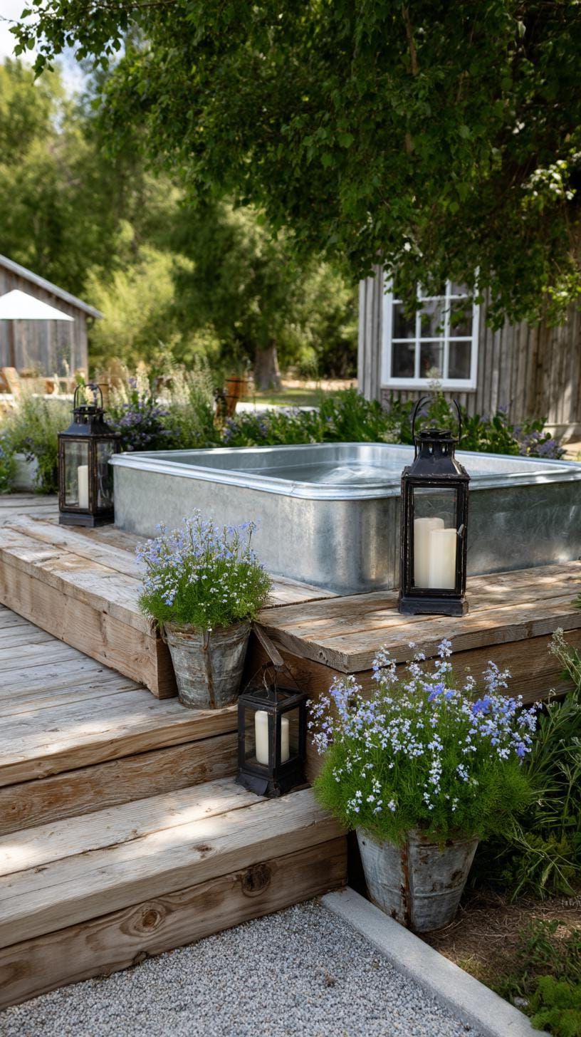 12. Let’s Relax in a Cozy Farmhouse-Style Galvanized Steel Hot Tub