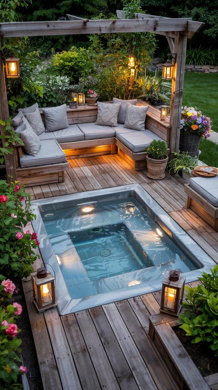 1. Hot tub deck with built-in seating and lighting - photo 2