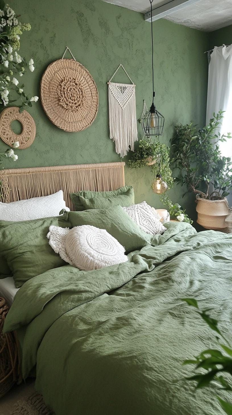 3. Bohemian Olive Green Bedroom with Macrame and Rattan - photo 4