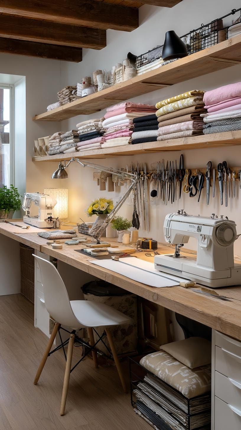 8. Sewing Nook With a Wall-Mounted Peg Rail