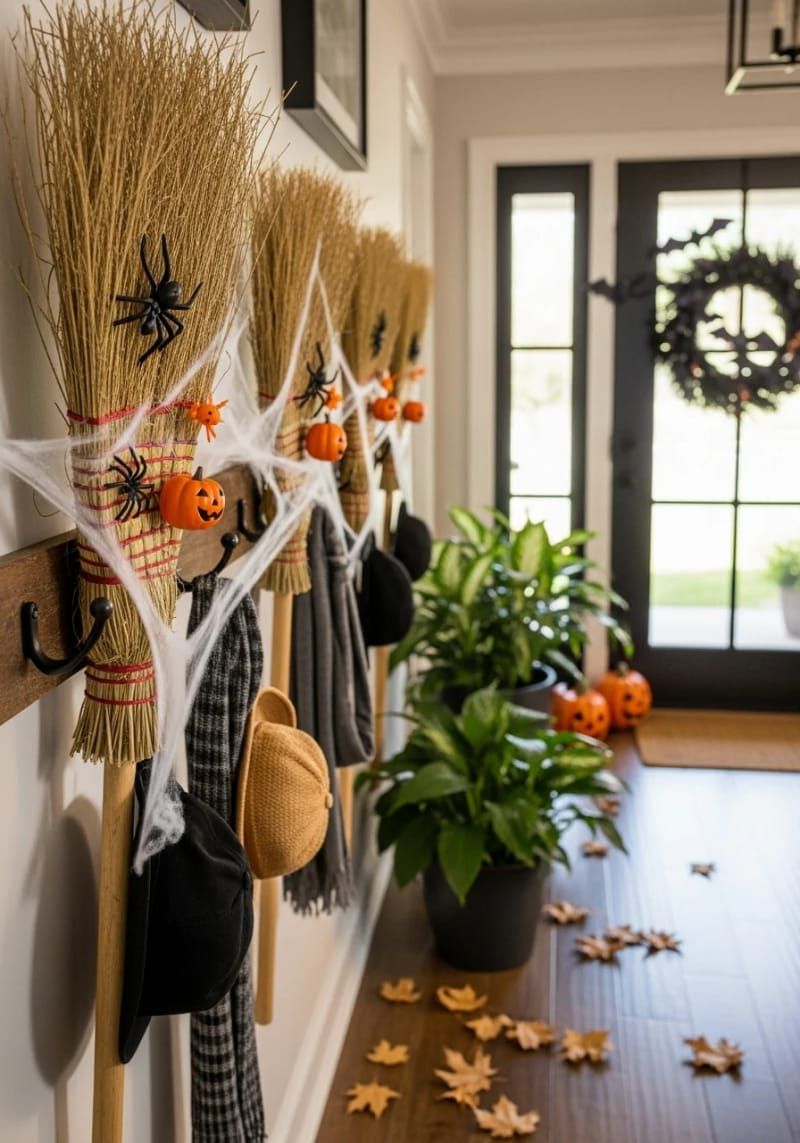 13. Upside-Down Broomsticks as Entryway Coat Racks