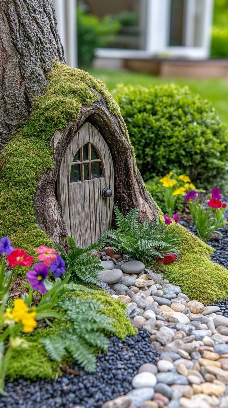 1. Magical Fairy Door Entrance Made from Tree Trunk with Pebble Pathway - photo 2