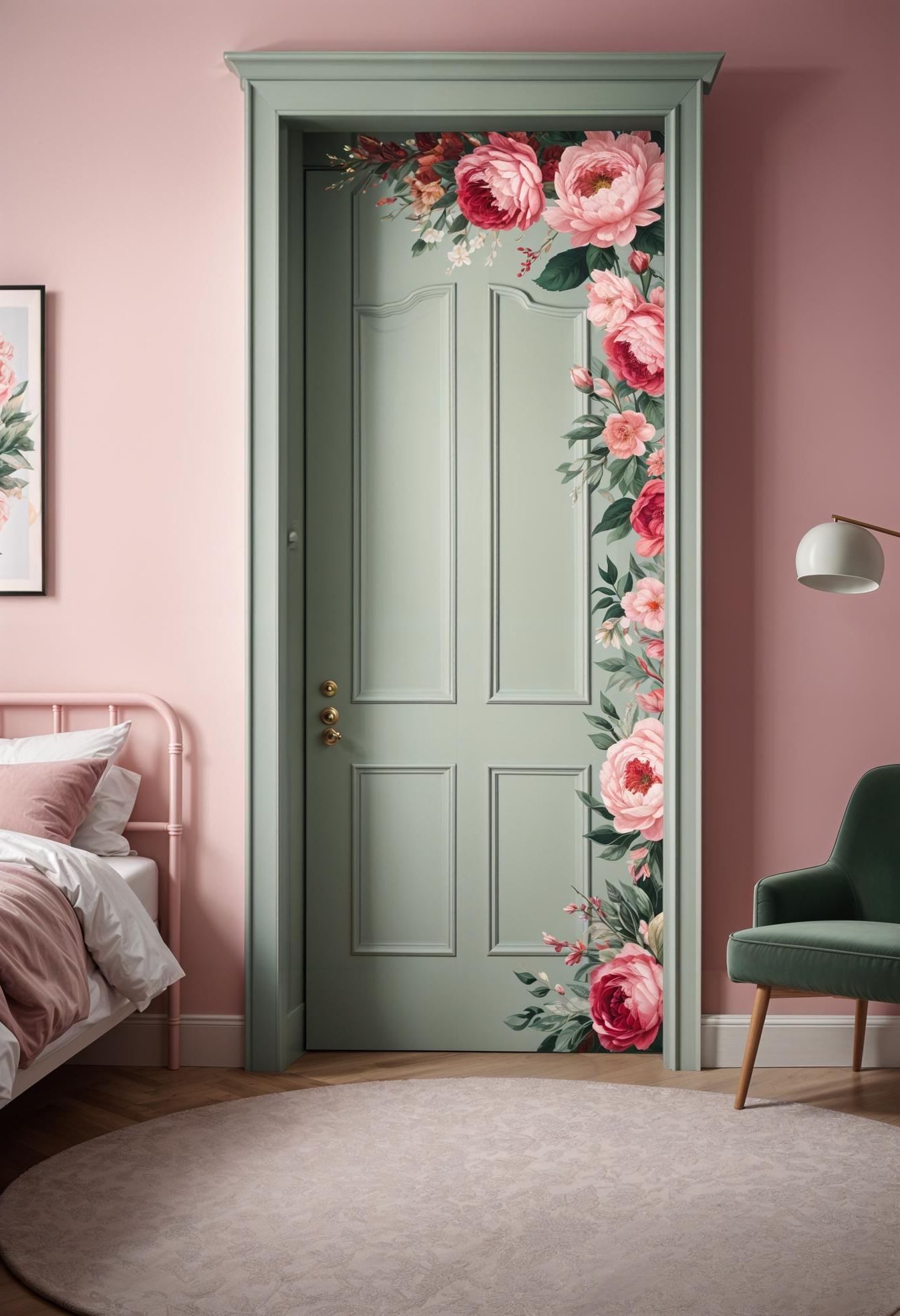 25. Sage Pink Bedroom Door with Floral Accents