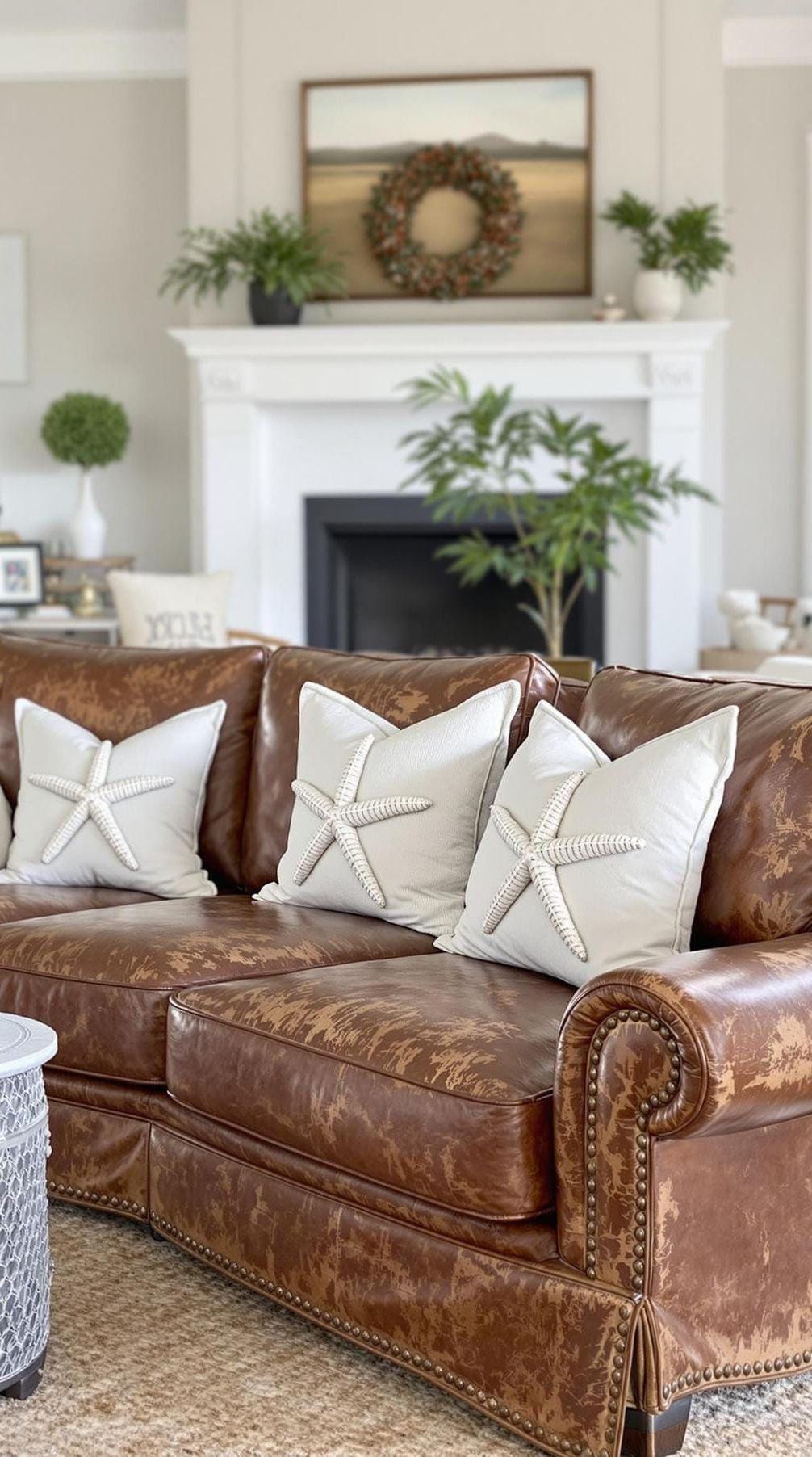 16. Distressed Leather Seating with Starfish Pillows