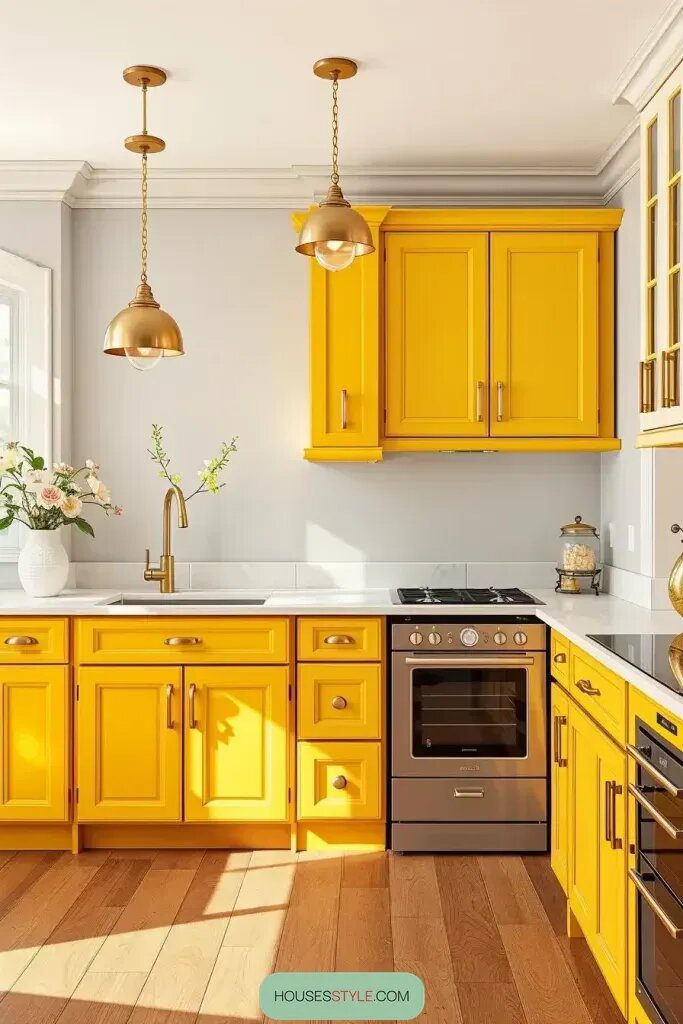 Brass and Gold Hardware for Sunny Yellow Cabinets