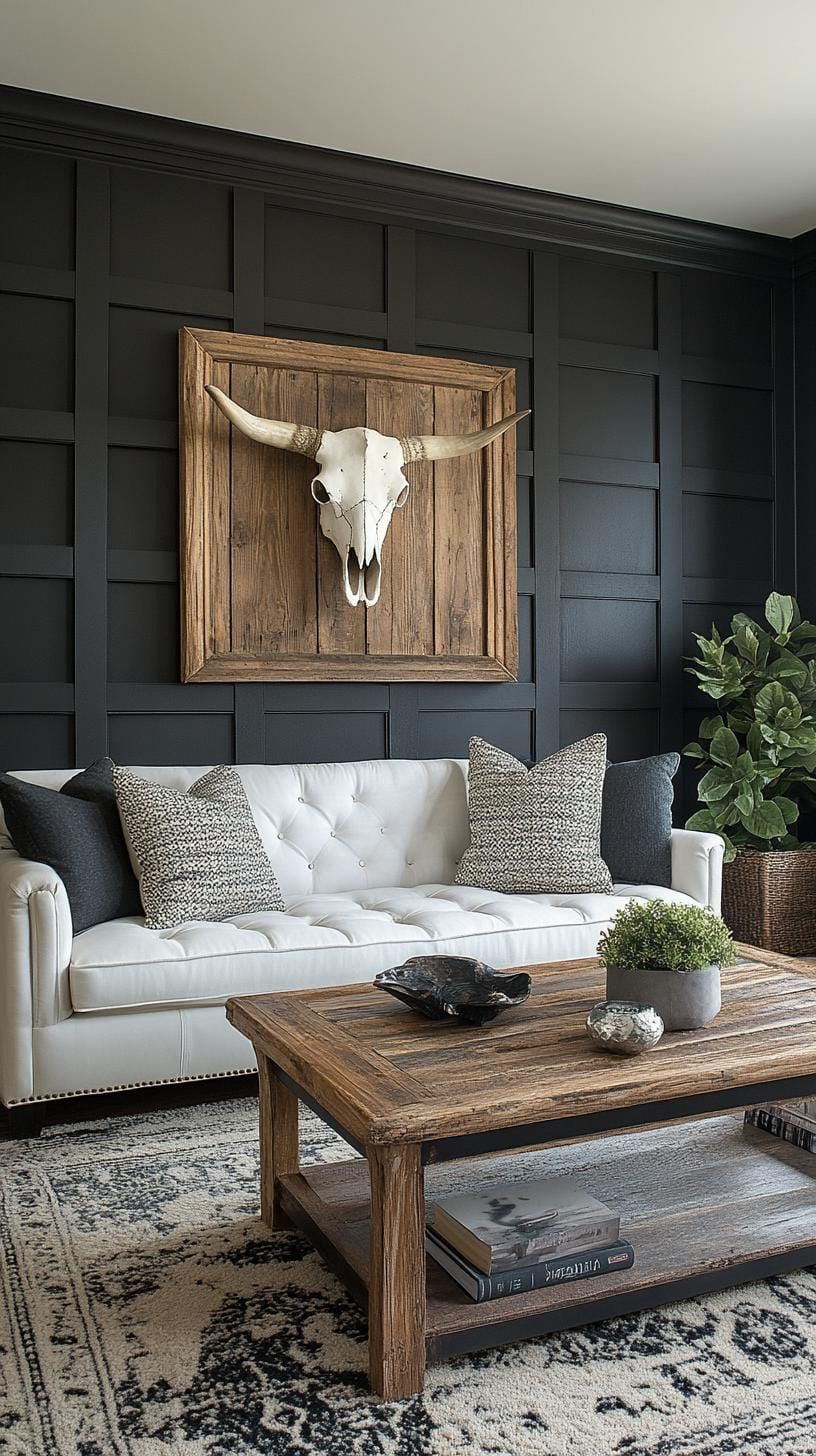 19. Accent Wall With Cow Skull and Wood Art