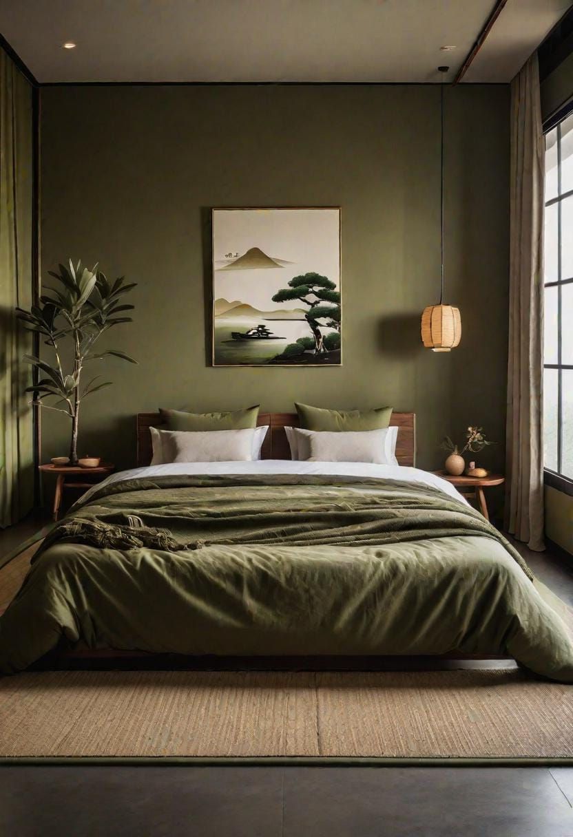 16. Japanese-Inspired Olive Green Bedroom with Tatami Mats