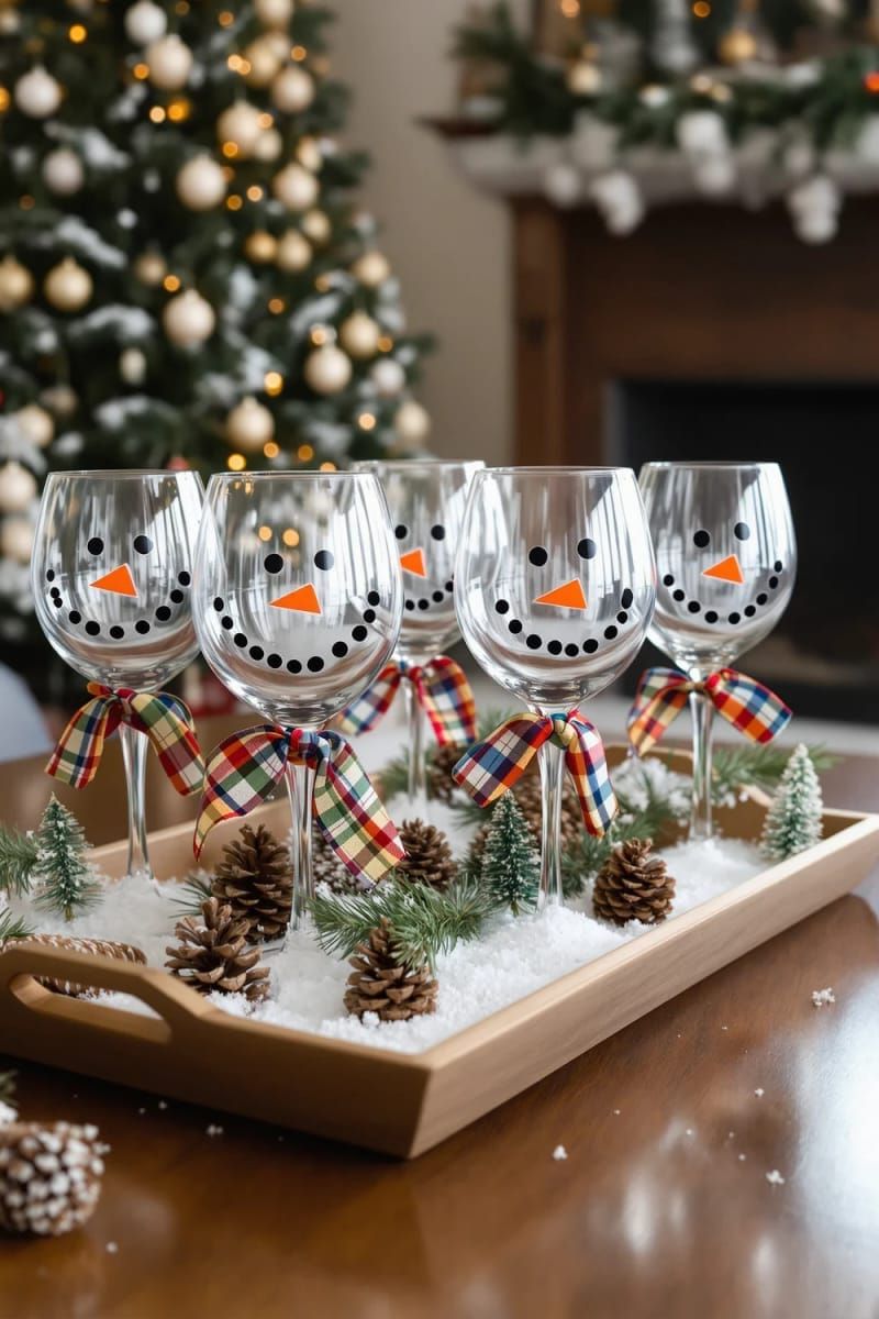 27. Painted Wine Glass Snowmen with Mini Scarves
