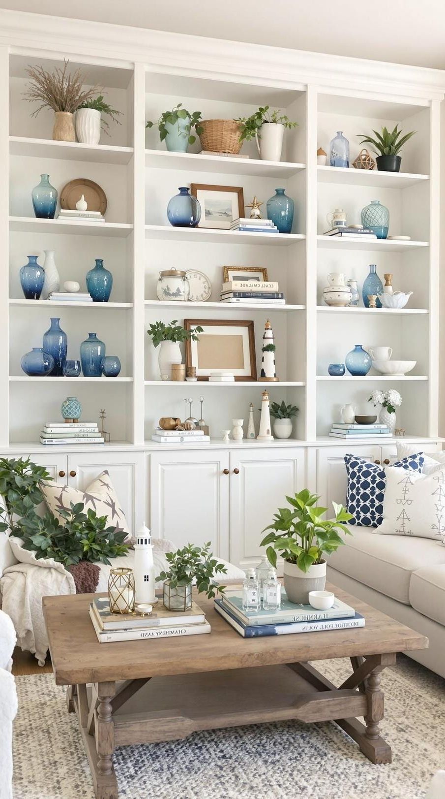 10. Whitewashed Bookcases with Coastal Trinkets - photo 2