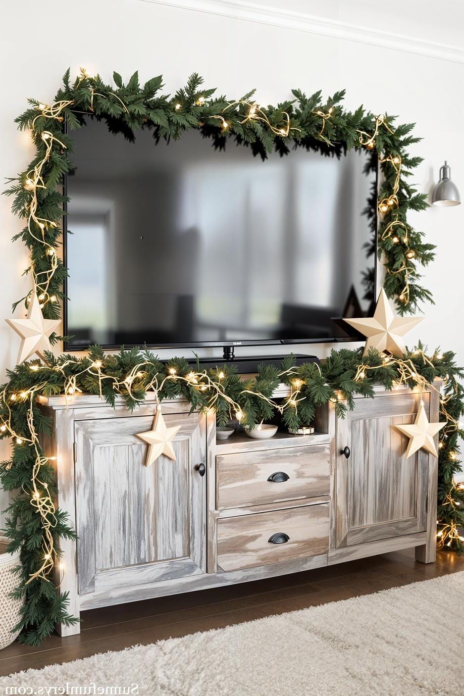 2. Rustic farmhouse TV stand accented with greenery - photo 2