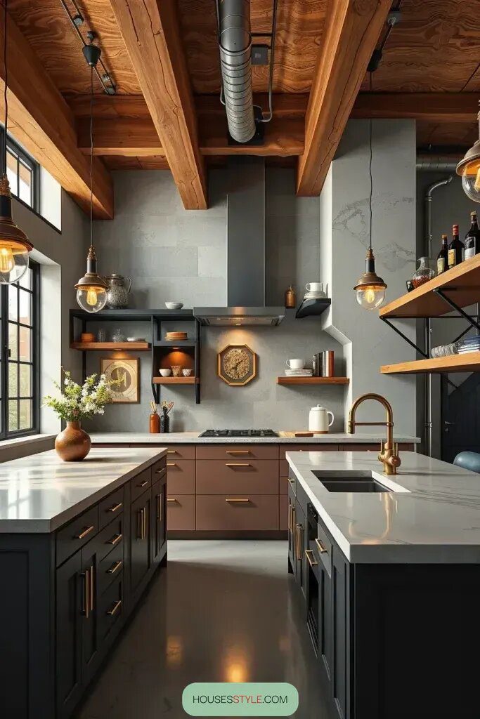 Brass and Concrete in Industrial Luxe Kitchens