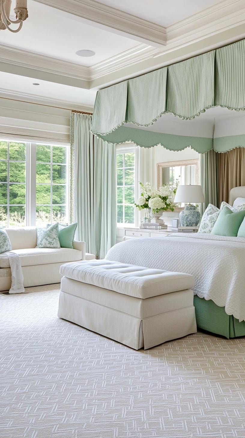 11. French Country Bedroom with Sage Green Toile and Whitewashed Wood - photo 3