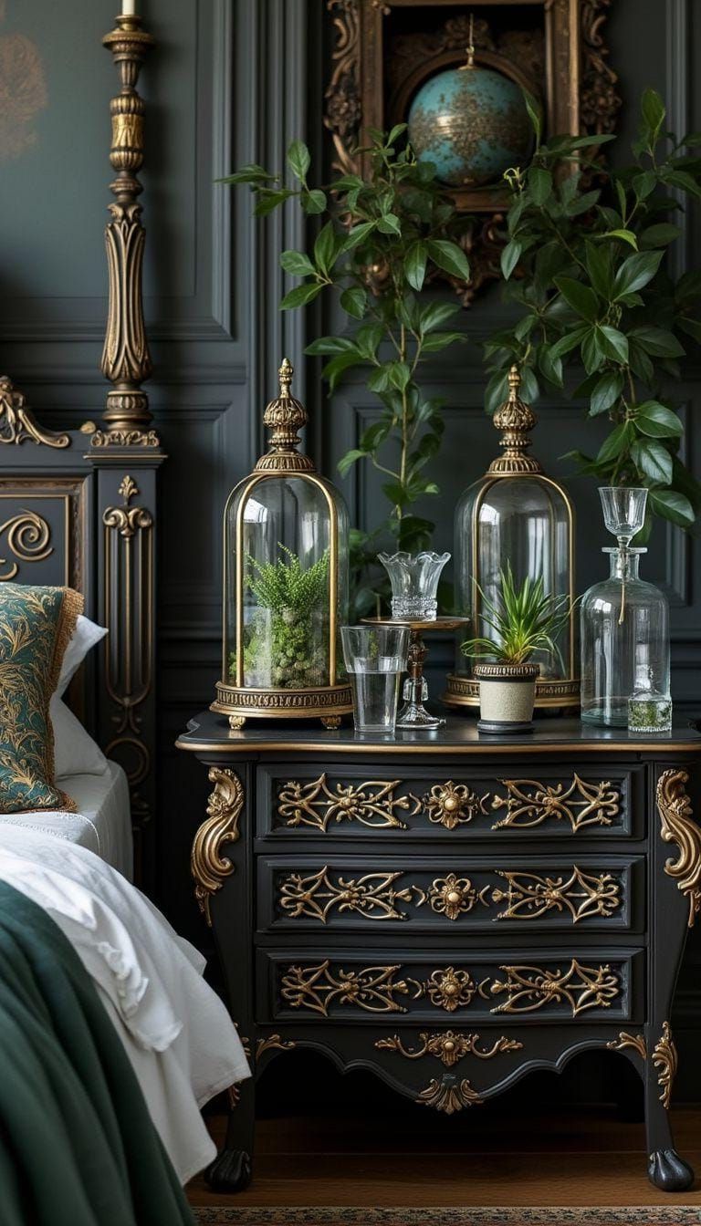 19. Carved Gold-Inlay Nightstands With Terrariums And Vintage Glass