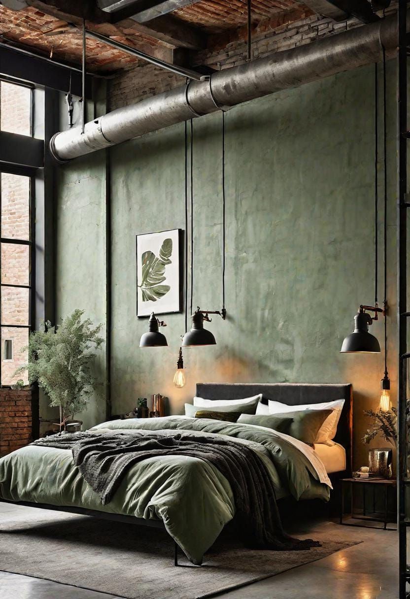 8. Industrial Chic Bedroom with Sage Green and Distressed Metal - photo 2