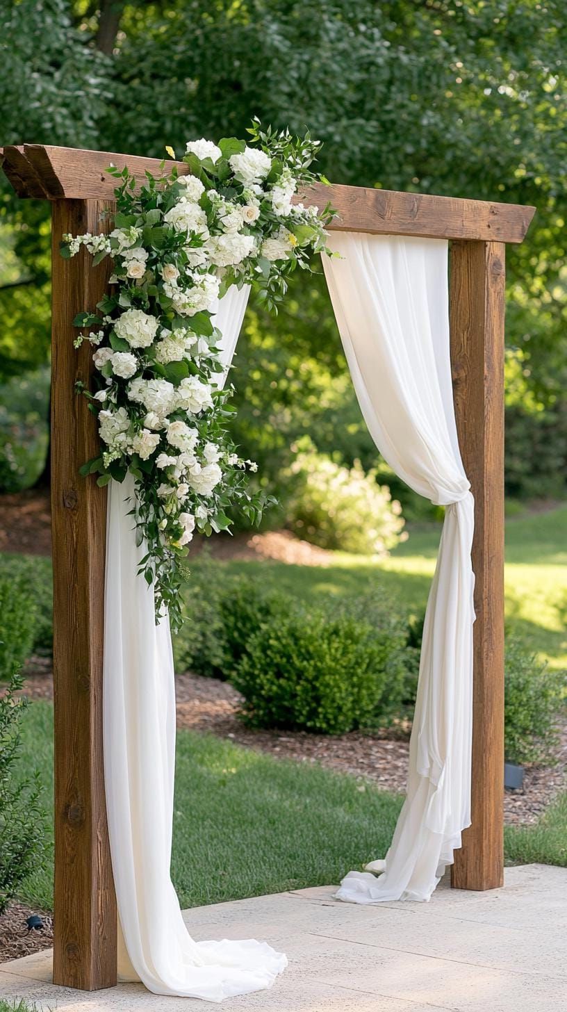 2. Rustic Wedding Arch With Flowing White Fabric