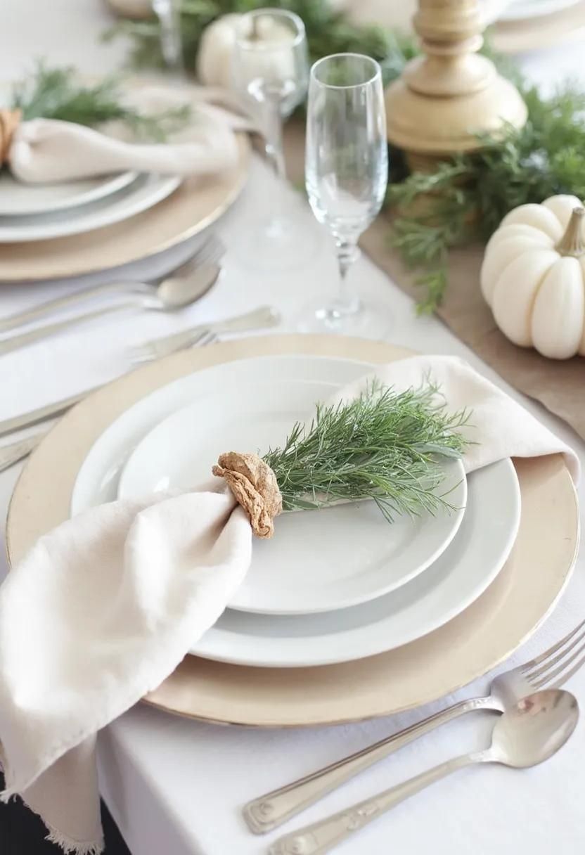 2. Rustic White Chargers With Evergreen Sprigs and Napkins - photo 3